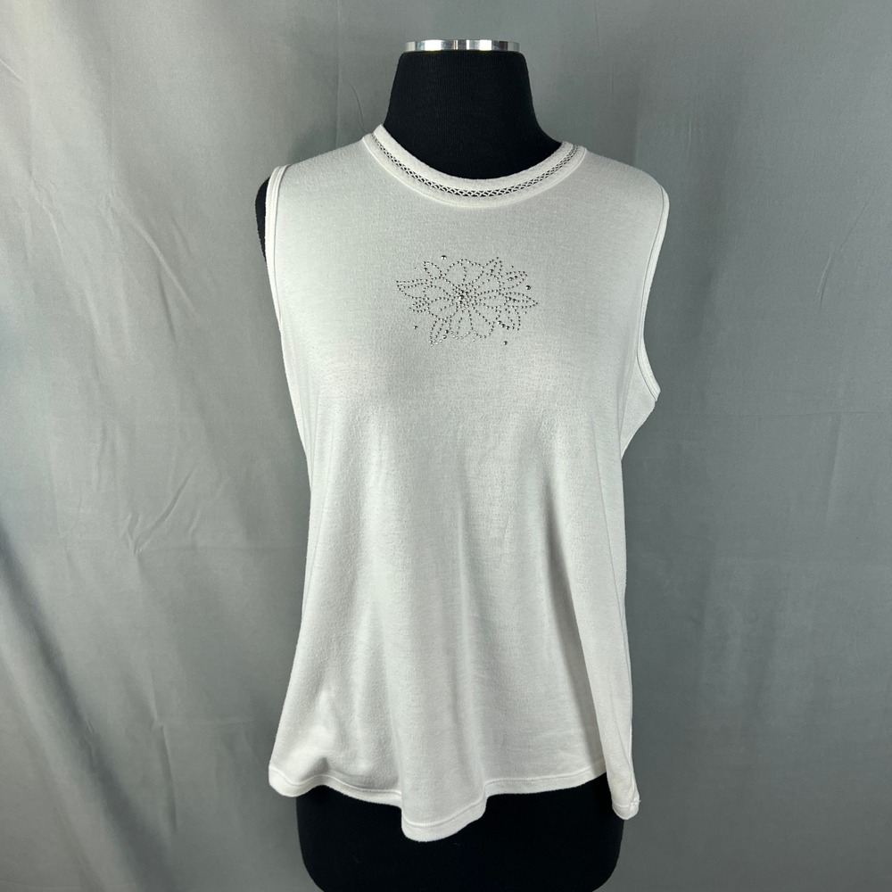 Allison Daley Tank Top Womens M White Rhinestone Flower Embellished Micro Trim